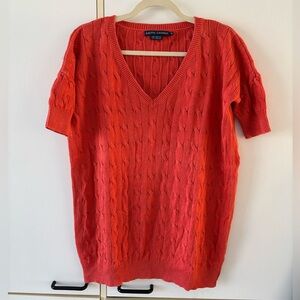 Ralph Lauren V-Neck Sweater Cable Knit Bright  Red/Orange Tussah Silk Classic XS